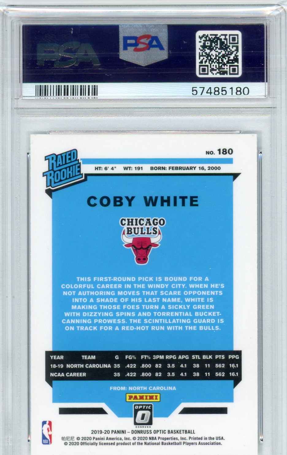 Coby White 2019 Panini Donruss Optic rookie card PSA 9