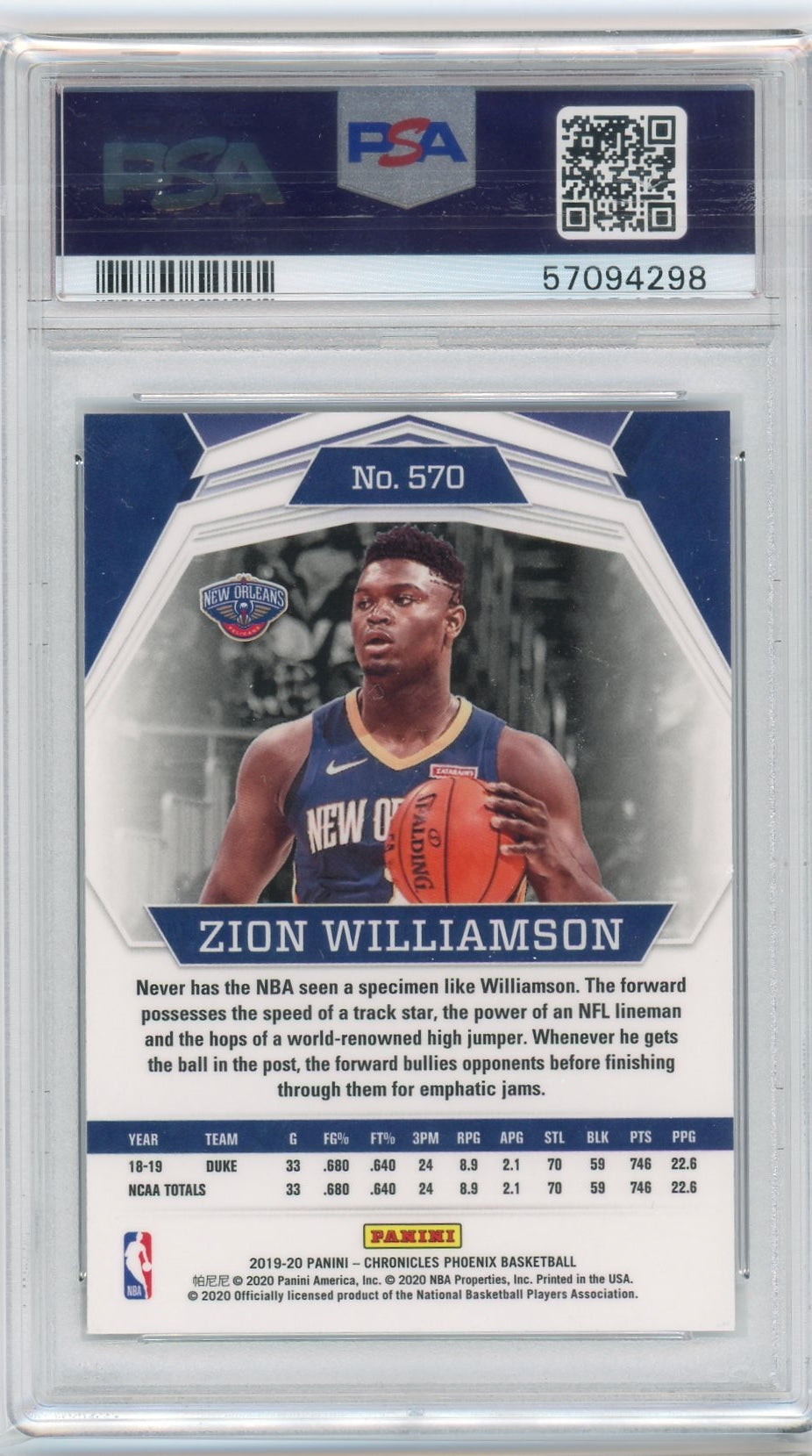 Zion Williamson 2019 Panini Chronicles Phoenix Rookie #570 PSA 10