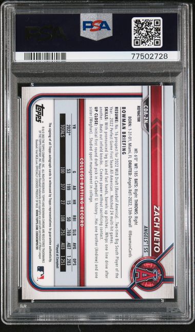 Zach Neto 2022 Bowman Draft Chrome Draft Pick 1st Auto Refractor #'d 283/499 PSA 9