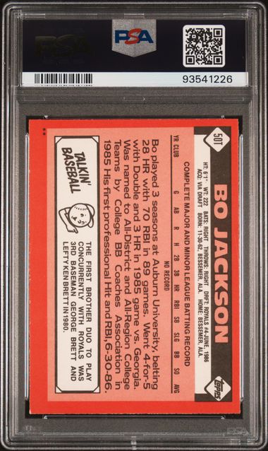 Bo Jackson 1986 Topps Traded rookie card PSA 8