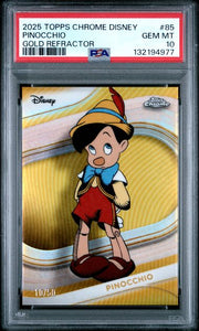 Pinocchio 2025 Topps Chrome Disney #85 Gold Refractor /50 PSA 10