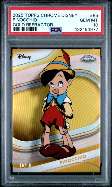 Pinocchio 2025 Topps Chrome Disney #85 Gold Refractor /50 PSA 10
