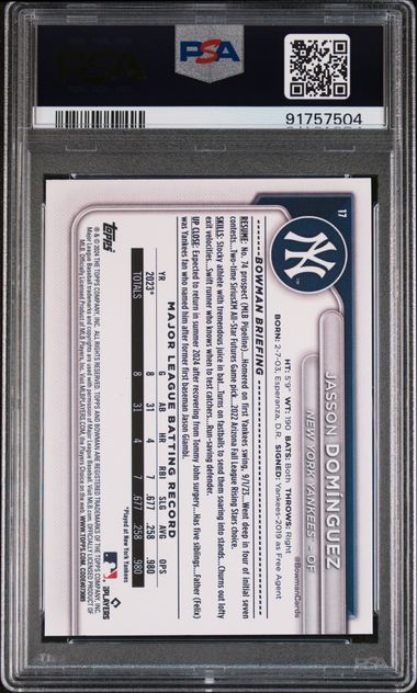 Jasson Dominguez 2024 Bowman Rookie Card PSA 9