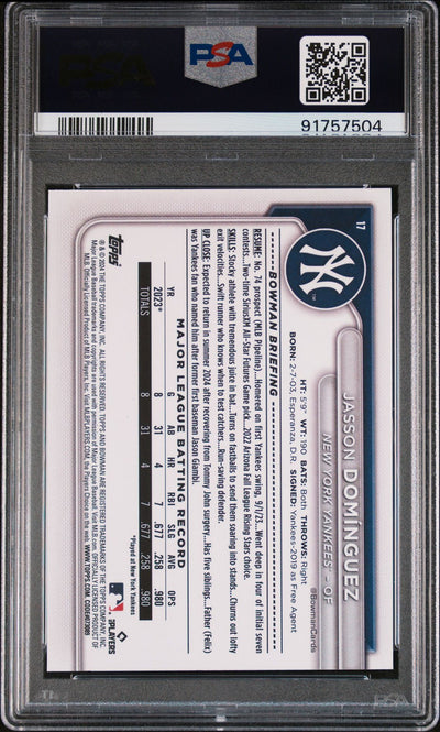 Jasson Dominguez 2024 Bowman #17 Rookie Card PSA 9