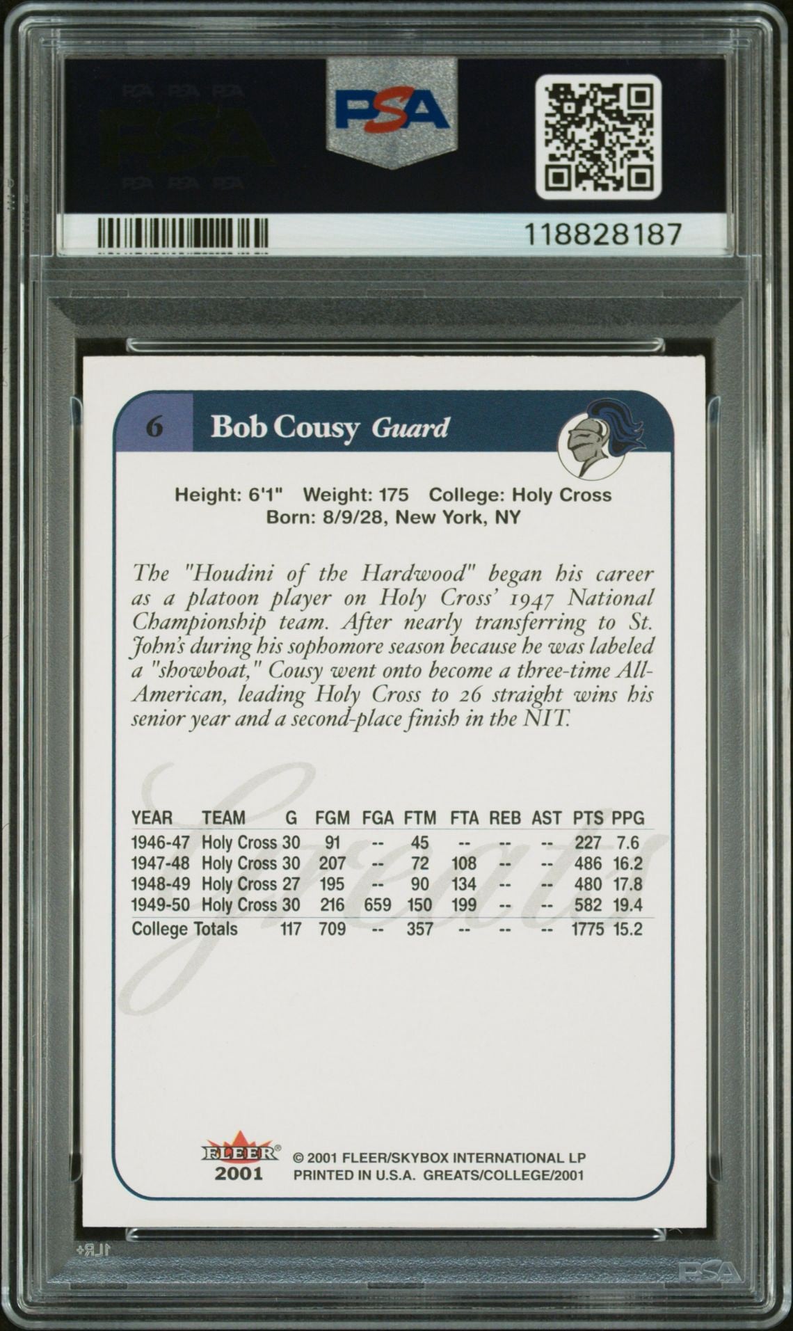 Bob Cousy 2001 Fleer Greats of the Game #6 IP Autograph PSA Authentic