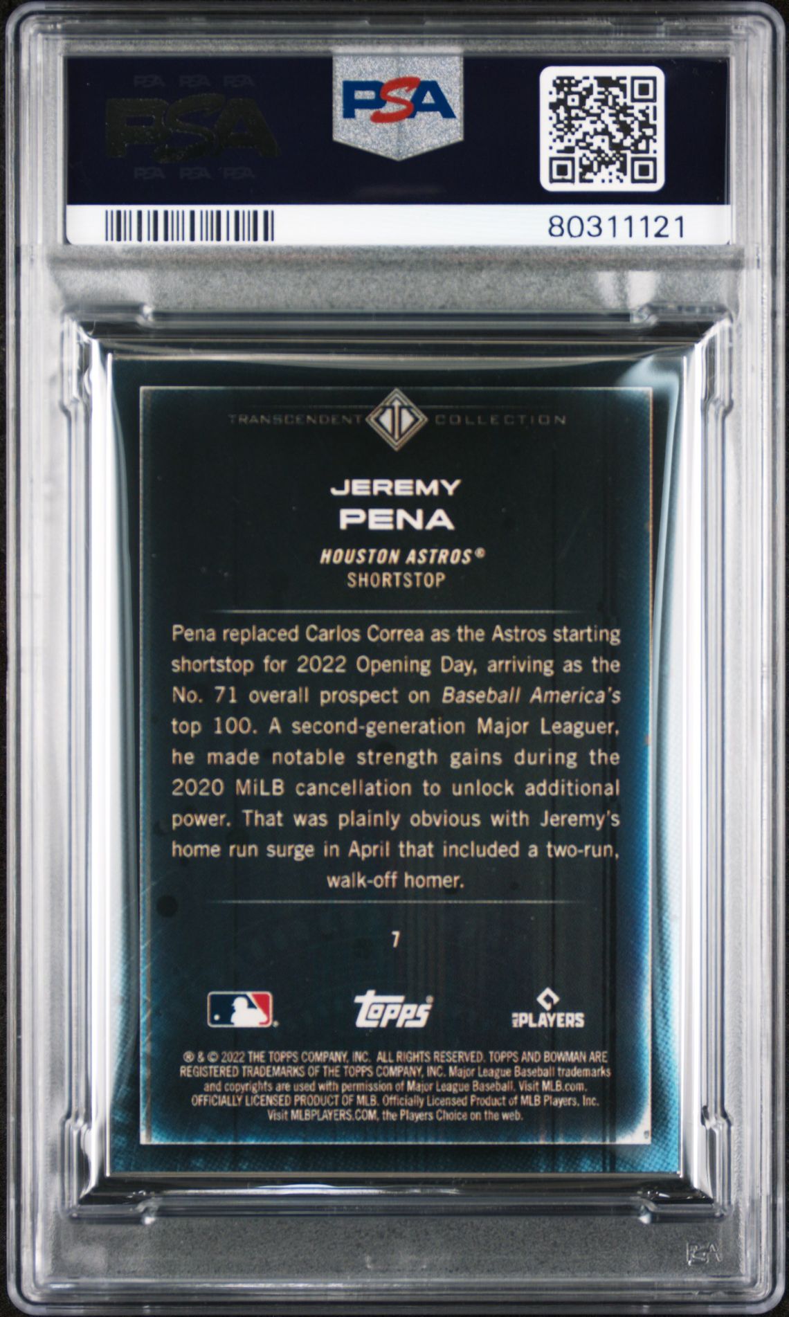 Jeremy Pena 2022 Bowman Transcendent Collection Bowman Icons /50 Batting PSA 10