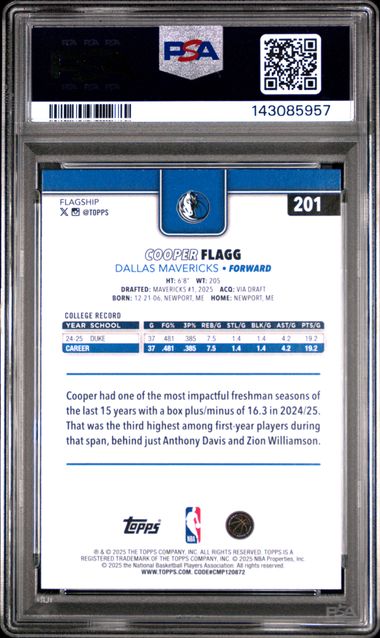 Cooper Flagg 2025 Topps Basketball Rookie Card #201 PSA 10