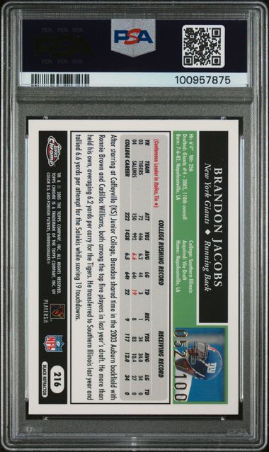 Brandon Jacobs 2005 Topps Chrome Black Refractor #'d 52/100 PSA 9