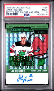Jack Hughes 2019 Upper Deck Credentials Debut Ticket Access autograph green #'d 01/10 PSA 9