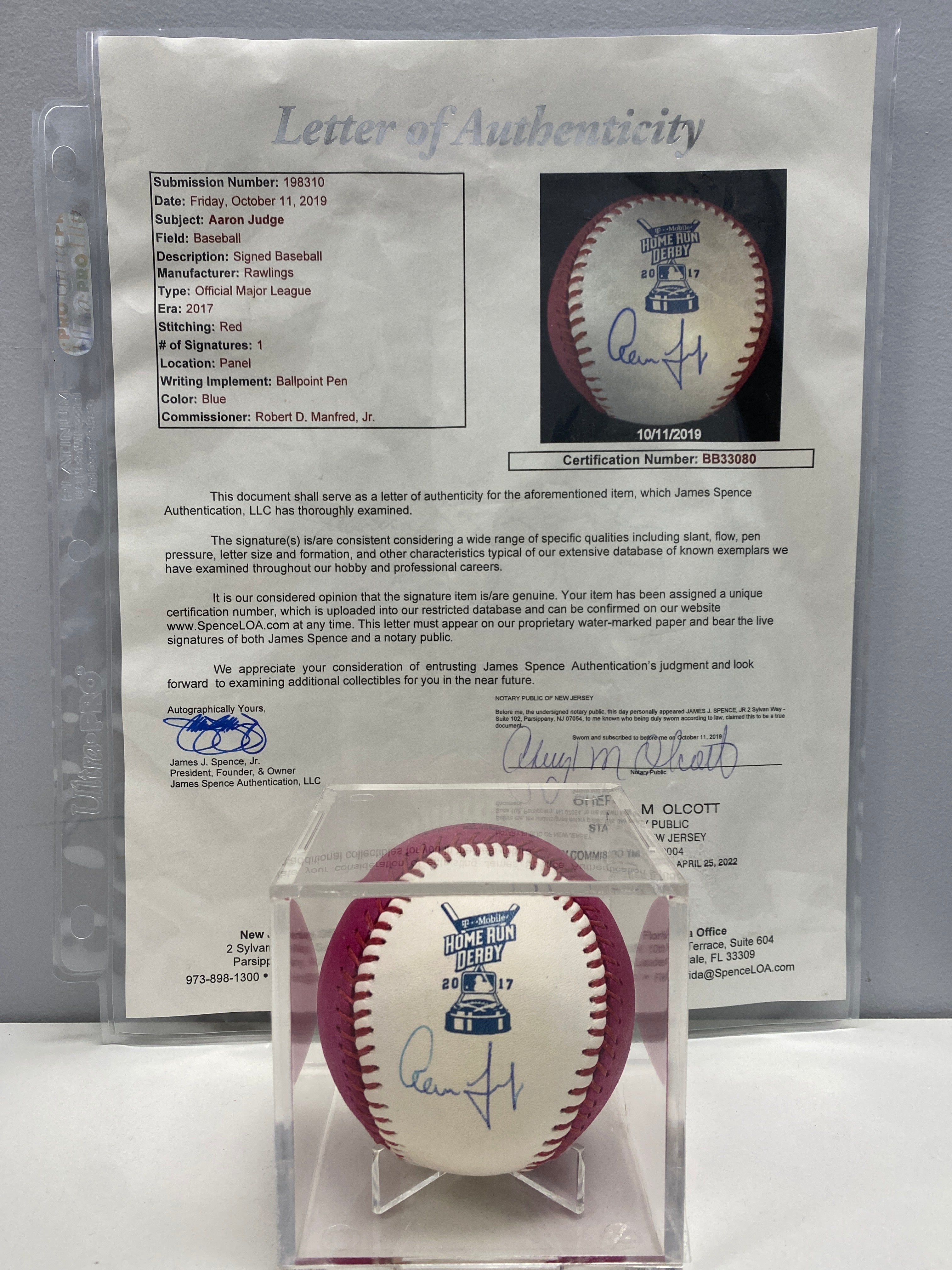 Aaron Judge 2017 Home Run Derby Autographed Pink Ball W/JSA Certification