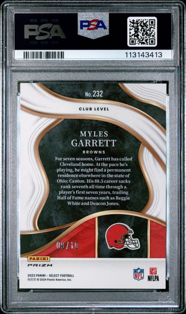 Myles Garrett 2023 Select Club Level Dragon Scale Gold Prizm #'d 09/10 PSA 10