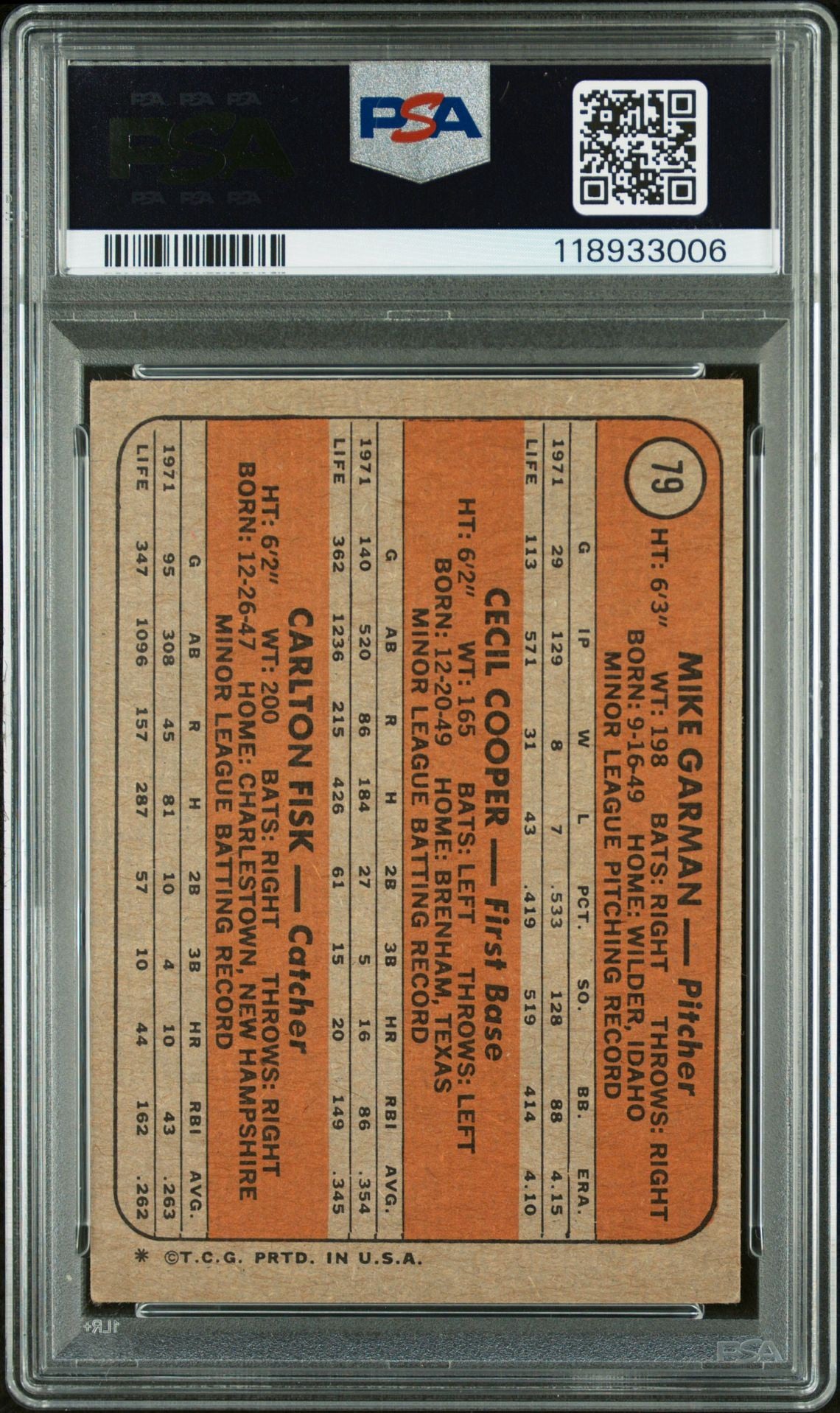 1972 Topps #79 Red Sox 1972 Rookie Stars Fisk/Garman/Cooper Triple Autograph PSA Authentic