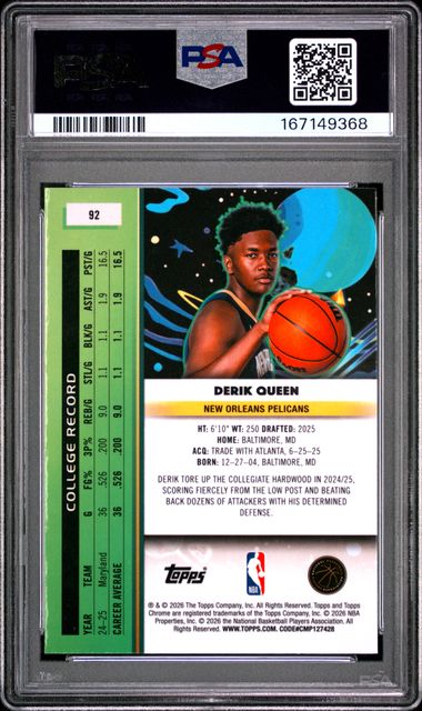 Derik Queen 2025 Topps Cosmic Chrome Green Space Dust Rookie #'d 28/75 PSA 10