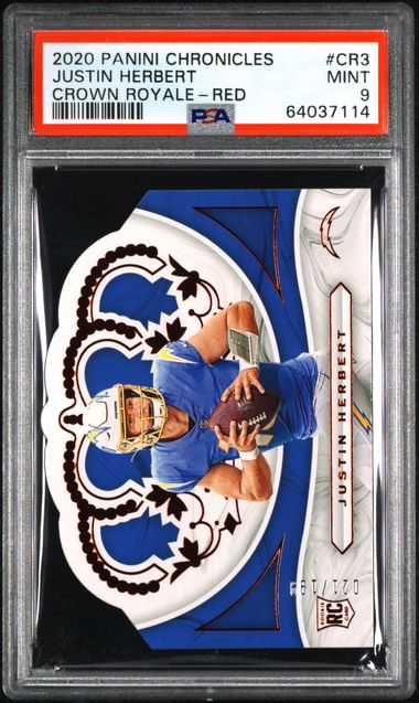 Justin Herbert 2020 Panini Chronicles Crown Royale Red RC #'d 021/199 PSA 9