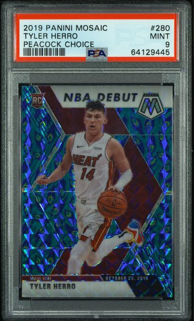 Tyler Herro 2019 Panini Mosaic Peacock Choice NBA Debut rookie card PSA 9