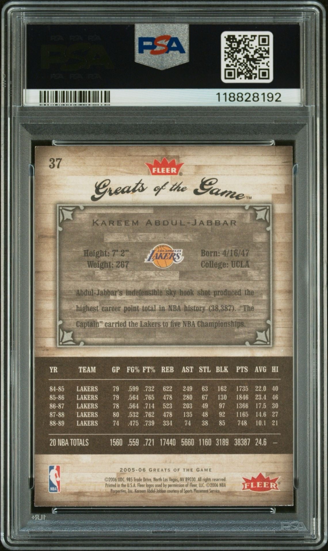 Kareem Abdul-Jabbar 2005-06 Fleer Greats of the Game #37 IP Autograph PSA Authentic