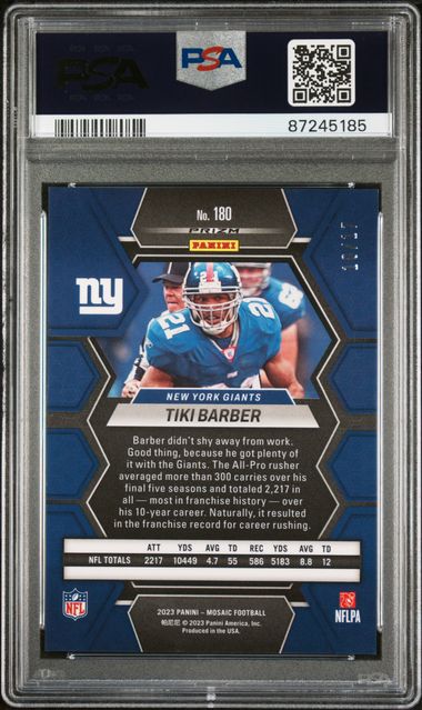 Tiki Barber 2023 Panini Mosaic gold wave prizm #'d 10/17 PSA 10