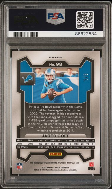 Jared Goff 2023 Panini Prizm autograph green shimmer #'d 2/5 PSA 9