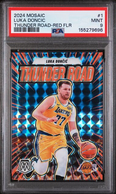 Luka Doncic 2024 Panini Mosaic Thunder Road Red Flourescent #'d 67/75 PSA 9