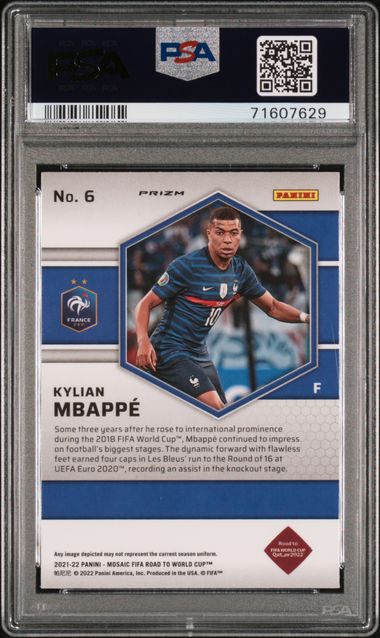 Kylian Mbappe 2021-22 Panini Mosaic Road to World Cup Reactive Purple mosaic prizm PSA 10