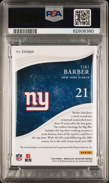 Tiki Barber 2020 Panini Immaculate Numbers memorabilia prime relic #'d 1/1 PSA 8