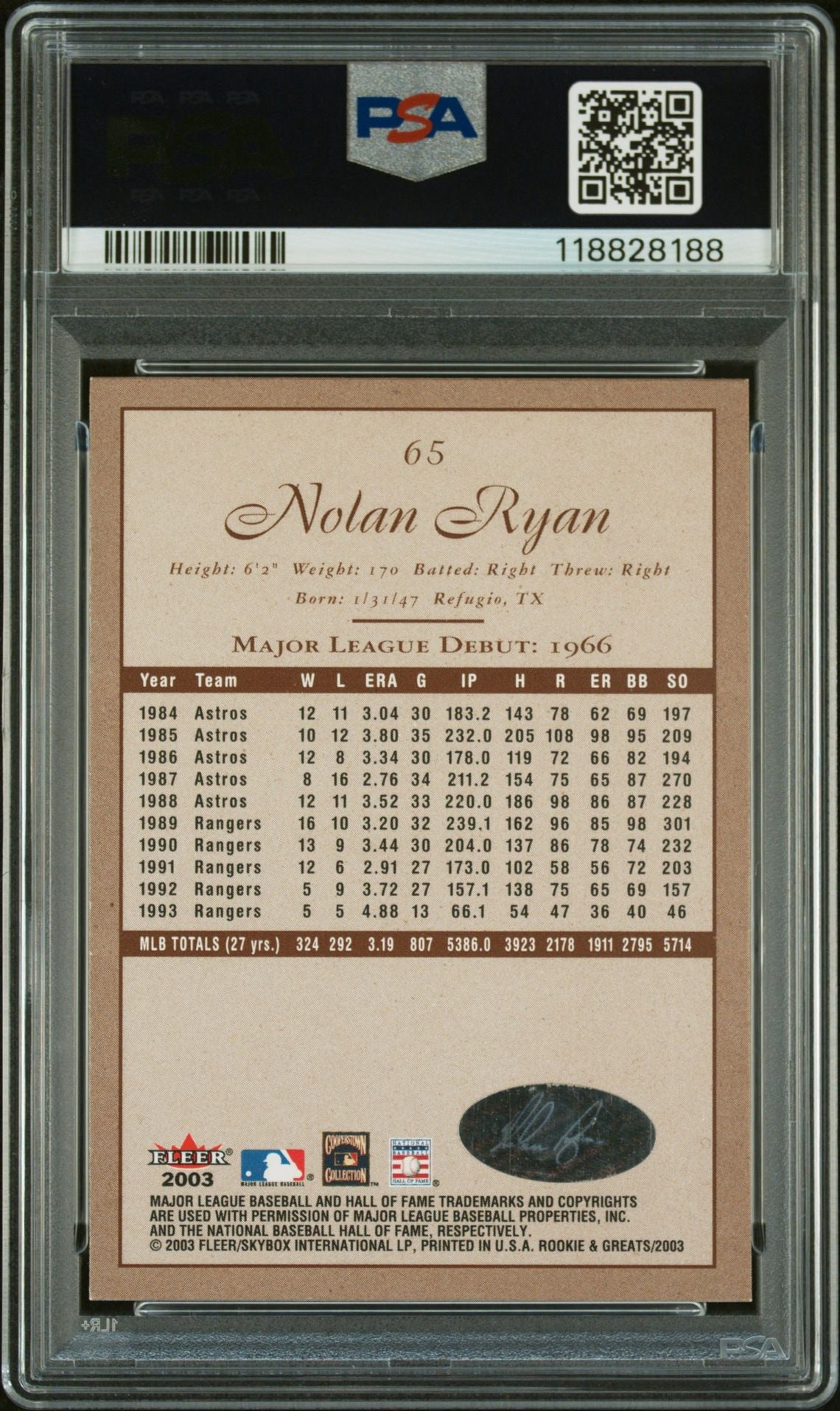 Nolan Ryan 2003 Fleer Rookies and Greats #65 IP Autograph PSA Authentic