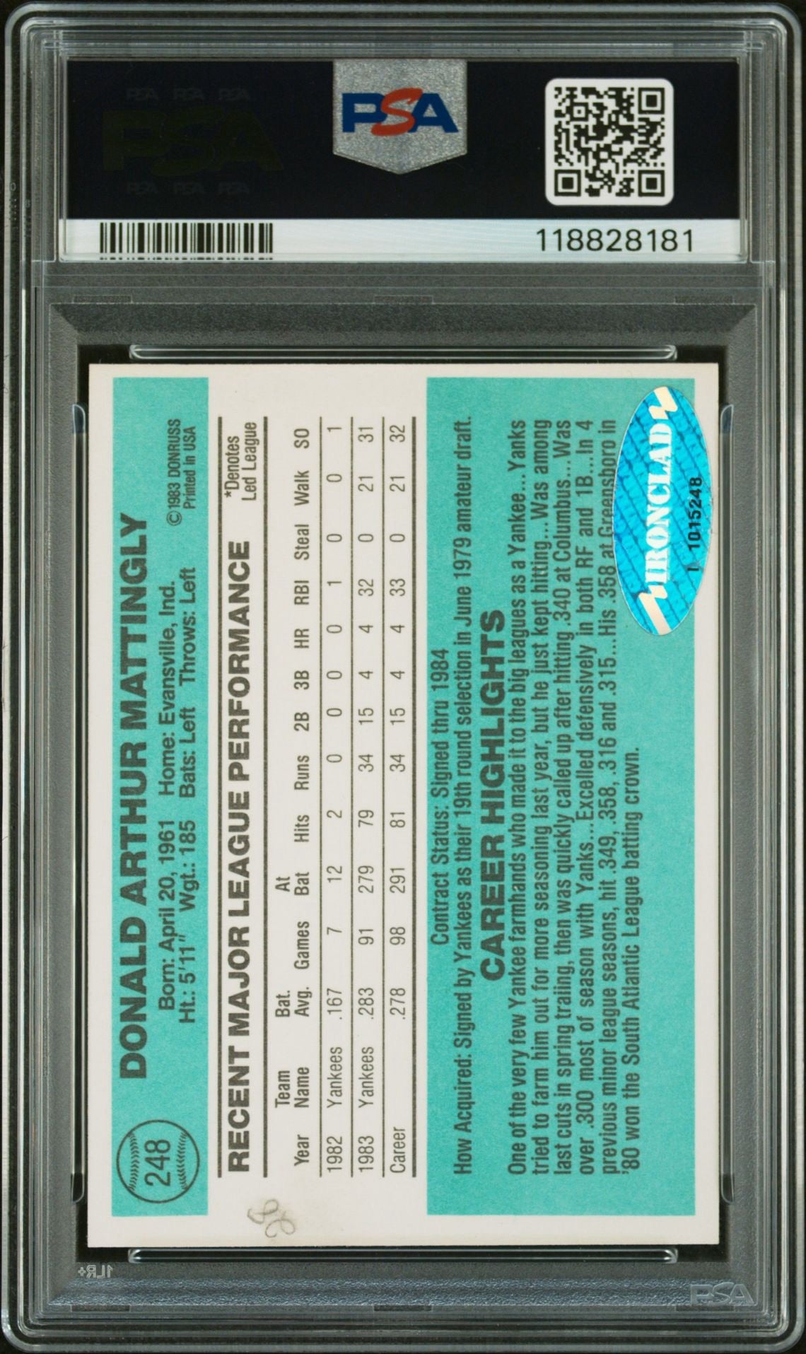 Don Mattingly 1984 Donruss Rookie Card IP Autograph PSA Authentic