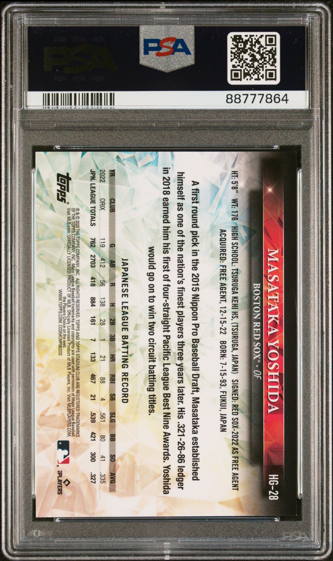 Masataka Yoshida 2023 Topps Chrome Hidden Gems SSP PSA 9