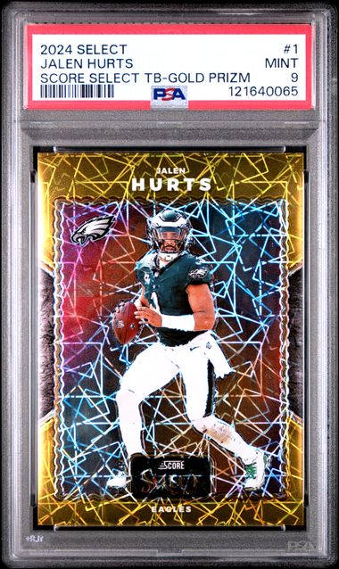 Jalen Hurts 2024 Select Score Select Throwback Gold Prizm #'d 04/10 PSA 9