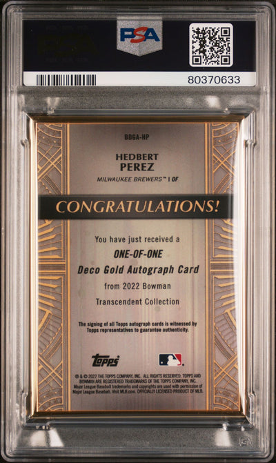 Hedbert Perez 2022 Bowman Transcendent Deco Gold autograph #'d 1/1 PSA 9