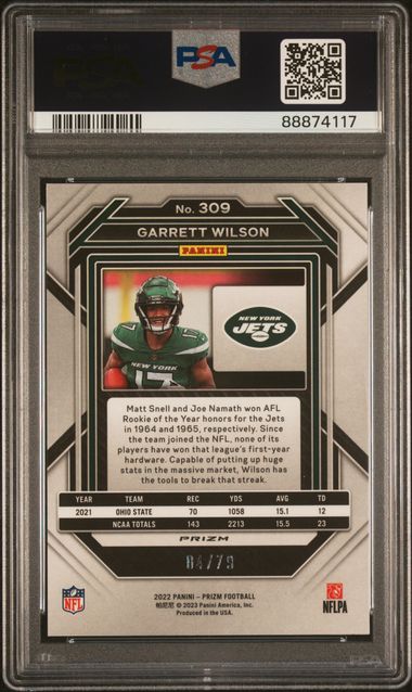 Garrett Wilson 2022 Prizm No Huddle Blue #'d 4/79 PSA 10