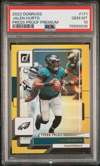 Jalen Hurts 2022 Panini Donruss Press Proof Premium gold PSA 10