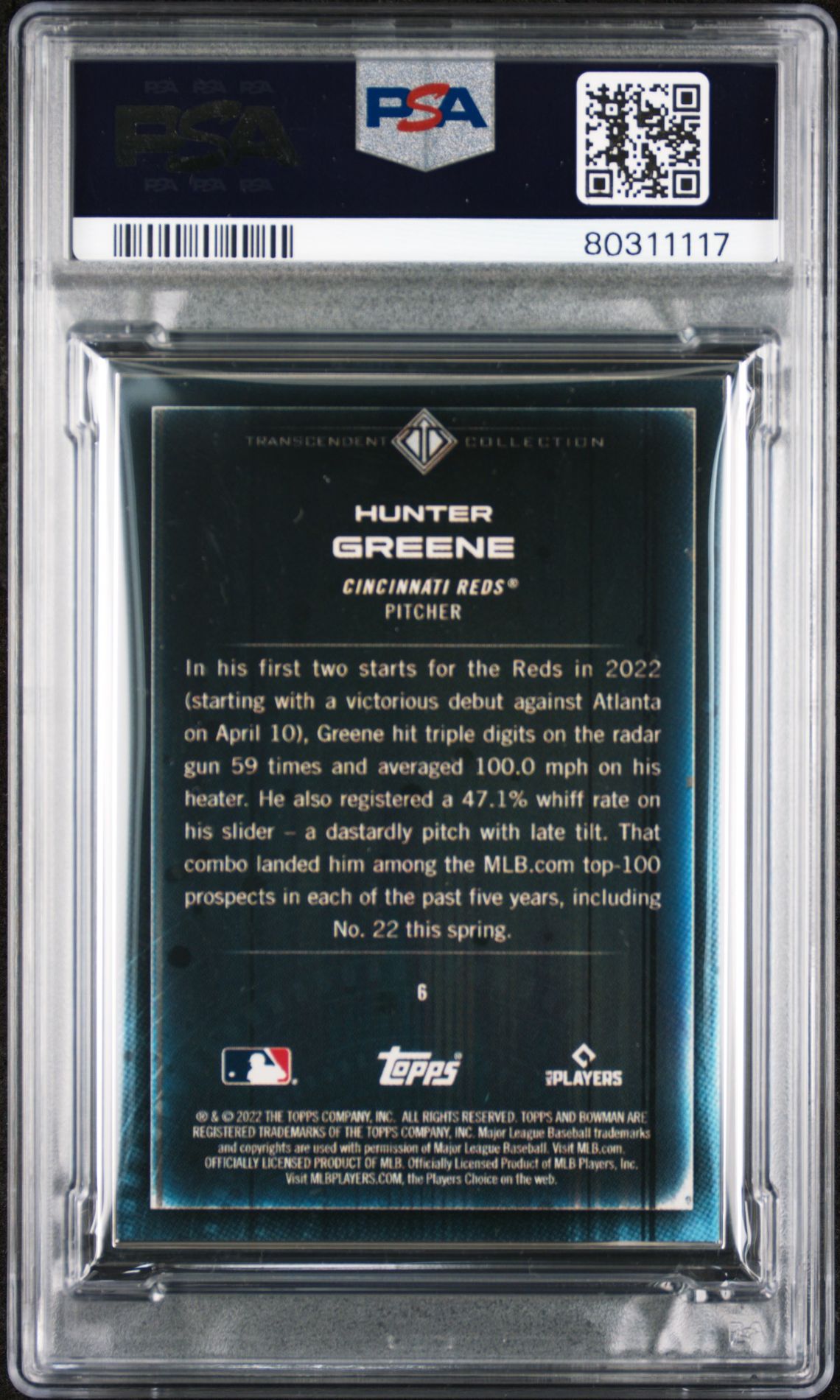 Hunter Greene 2022 Bowman Transcendent Collection Bowman Icons /50 Knee Up PSA 10