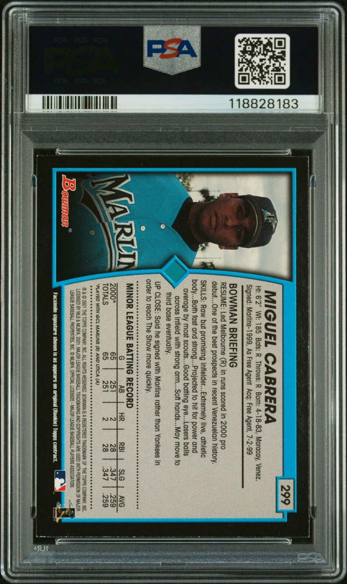 Miguel Cabrera 2001 Bowman #299 Error Card IP Autograph PSA Authentic