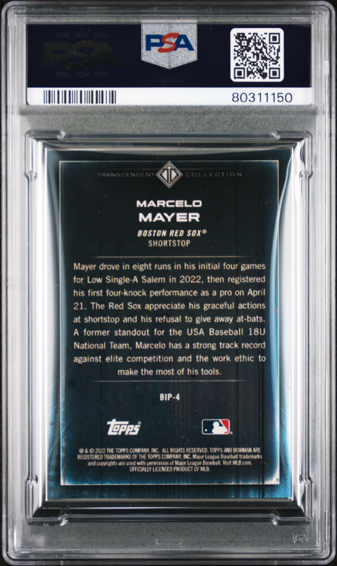 Marcelo Mayer 2022 Bowman Transcendent Collection Bowman Icons /50 Batting PSA 10