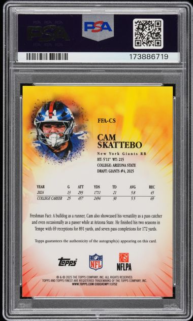 Cam Skattebo 2025 Topps Finest Freshman blue geometric autograph ref. #'d 57/99 PSA 8