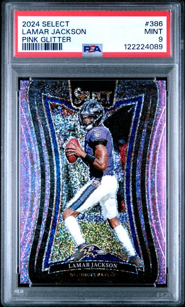 Lamar Jackson 2024 Panini Select pink glitter prizm #'d 11/15 PSA 9