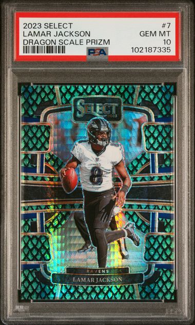 Lamar Jackson 2023 Panini Select Dragon Scale prizm #'d 07/70 PSA 10