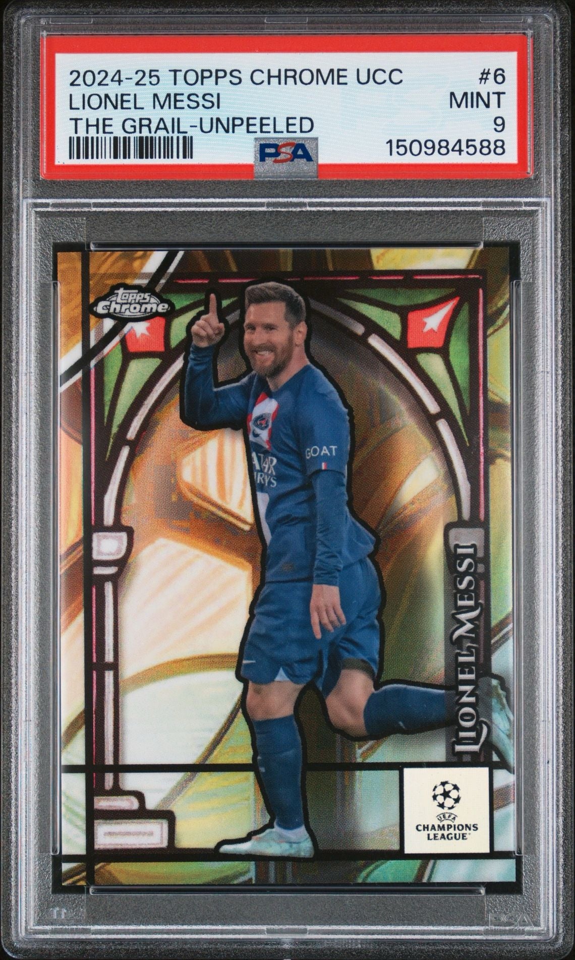 Lionel Messi 2024-25 Topps Chrome UEFA Club Competitions The Grail SSP (unpeeled) PSA 9
