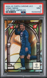 Lionel Messi 2024-25 Topps Chrome UEFA Club Competitions The Grail SSP (unpeeled) PSA 9