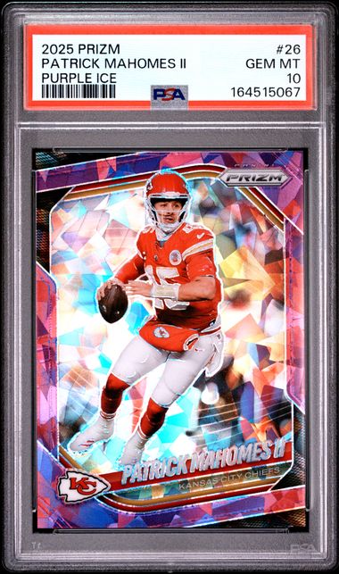 Patrick Mahomes II 2025 Panini Prizm Purple Ice #'d 142/225 PSA 10