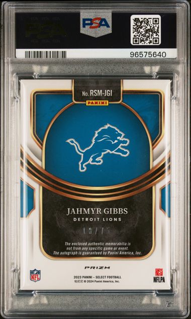 Jahmyr Gibbs 2023 Panini Select Rookie Sig Mem-Blue Prizm PSA 9