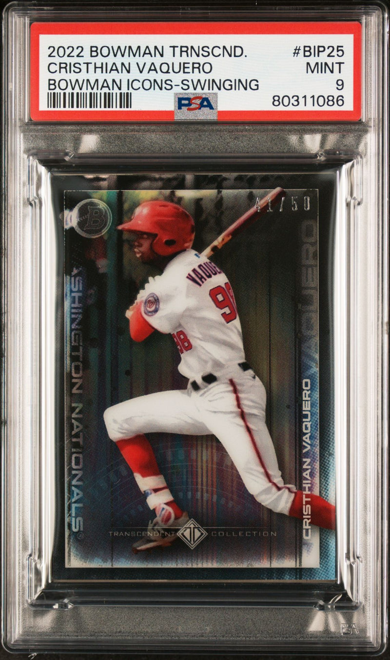 Cristhian Vaquero 2022 Bowman Transcendent Collection Bowman Icons /50 Swinging PSA 9