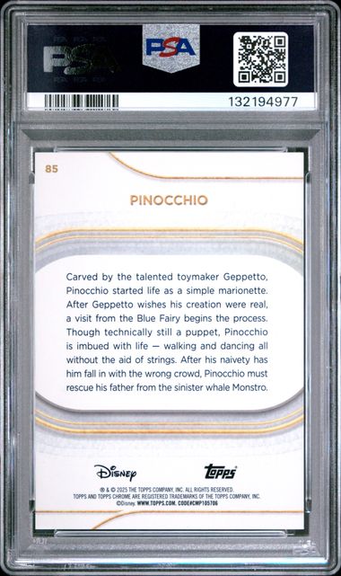 Pinocchio 2025 Topps Chrome Disney #85 Gold Refractor /50 PSA 10