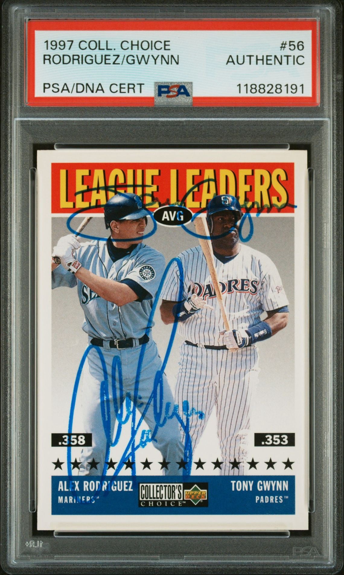 Gwynn/Rodriguez 1997 UD Collectors Choice League Leaders #56 Dual IP Auto PSA Authentic