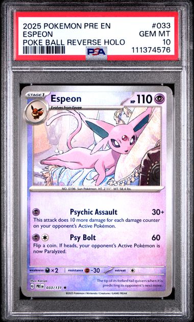 Espeon Pokemon Prismatic Evolution Poke Ball reverse holo #033/131 PSA 10