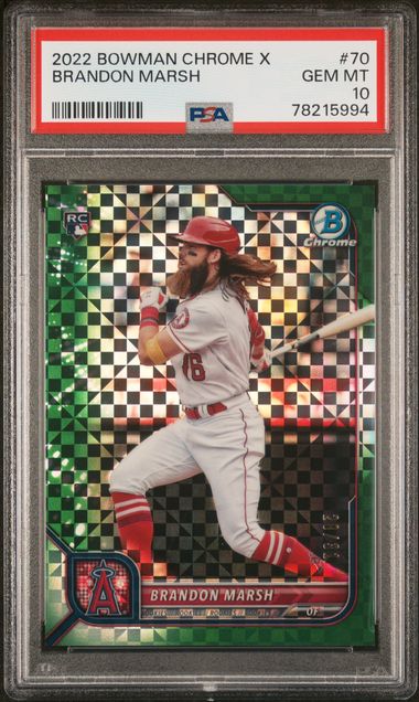 Brandon Marsh 2022 Bowman X Green X-Fractor rookie card #'d 28/31 PSA 10
