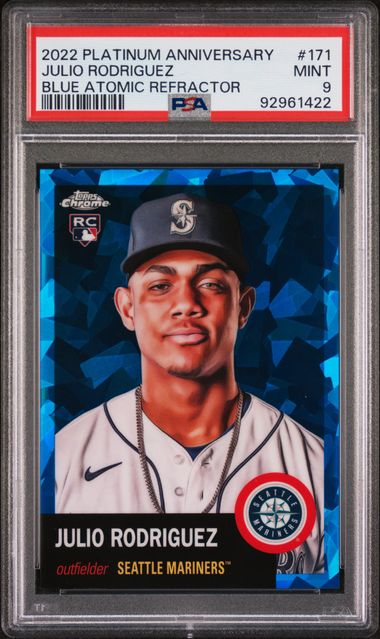 Julio Rodriguez 2022 Topps Platinum Anniversary blue atomic ref. rc #'d 005/100 PSA 9