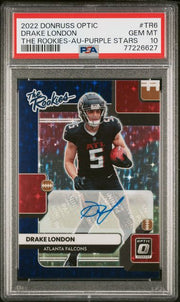 Drake London 2022 Donruss Optic FOTL "The Rookies" Purple Stars Autograph #20/25 PSA 10 RC