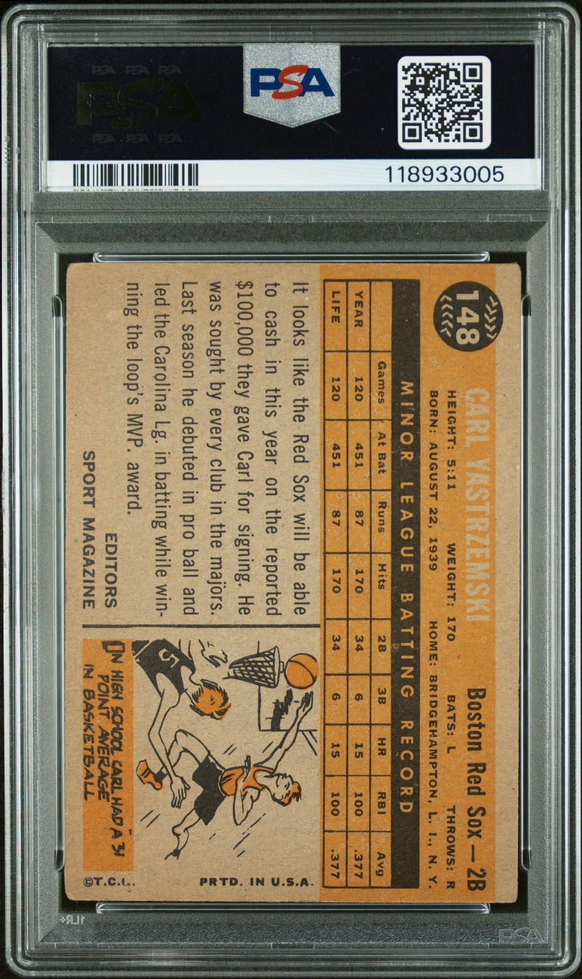 Carl Yastrzemski 1960 Topps Rookie Star IP Autograph HOF 89 Inscription PSA Authenic
